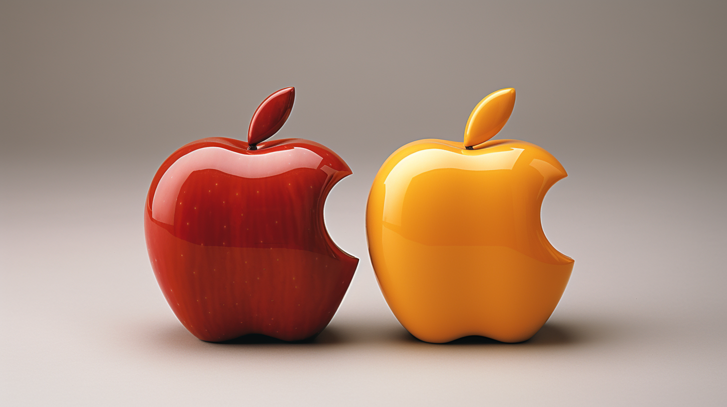 two realistic Apple logos in red and yellow