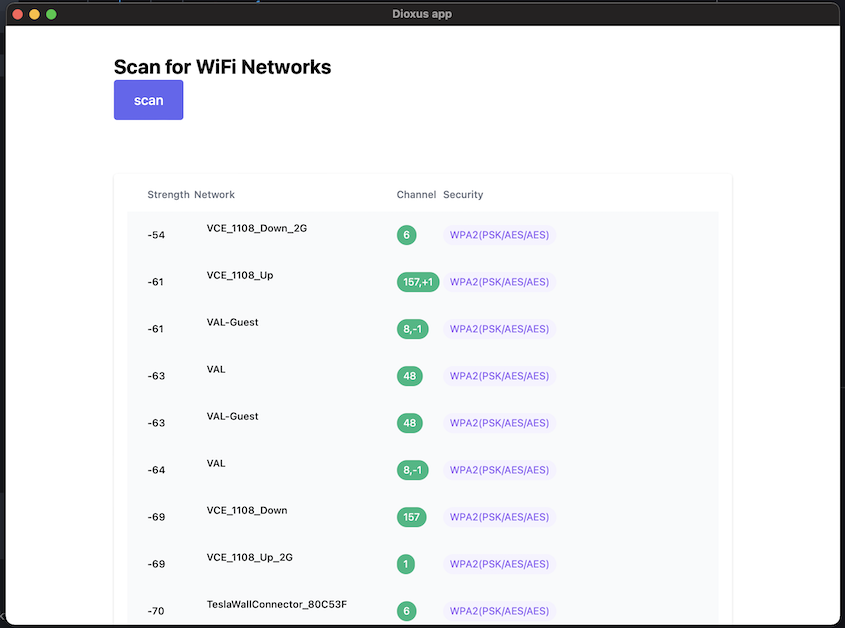 Screenshot of a simple wifi scanning application with each network's name, strength, channel, and security.