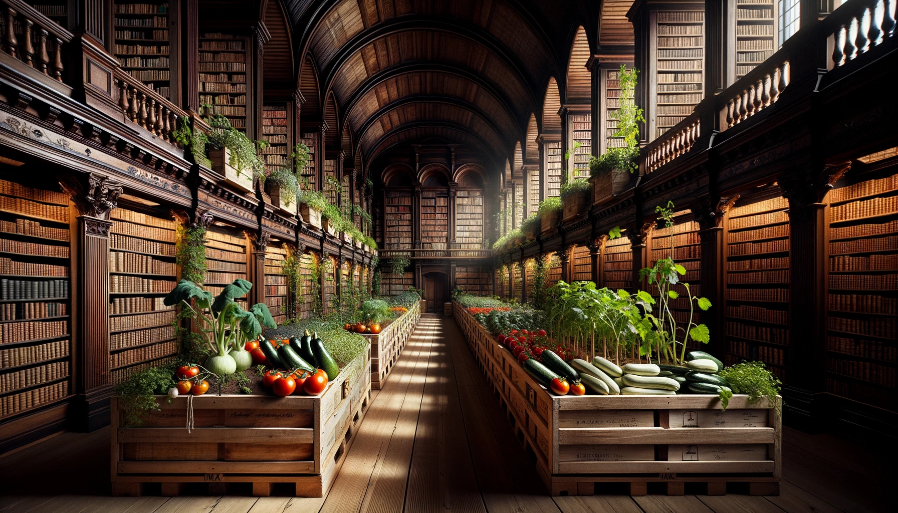 Library with fruits, vegetables, and herbs growing out of the shelves.