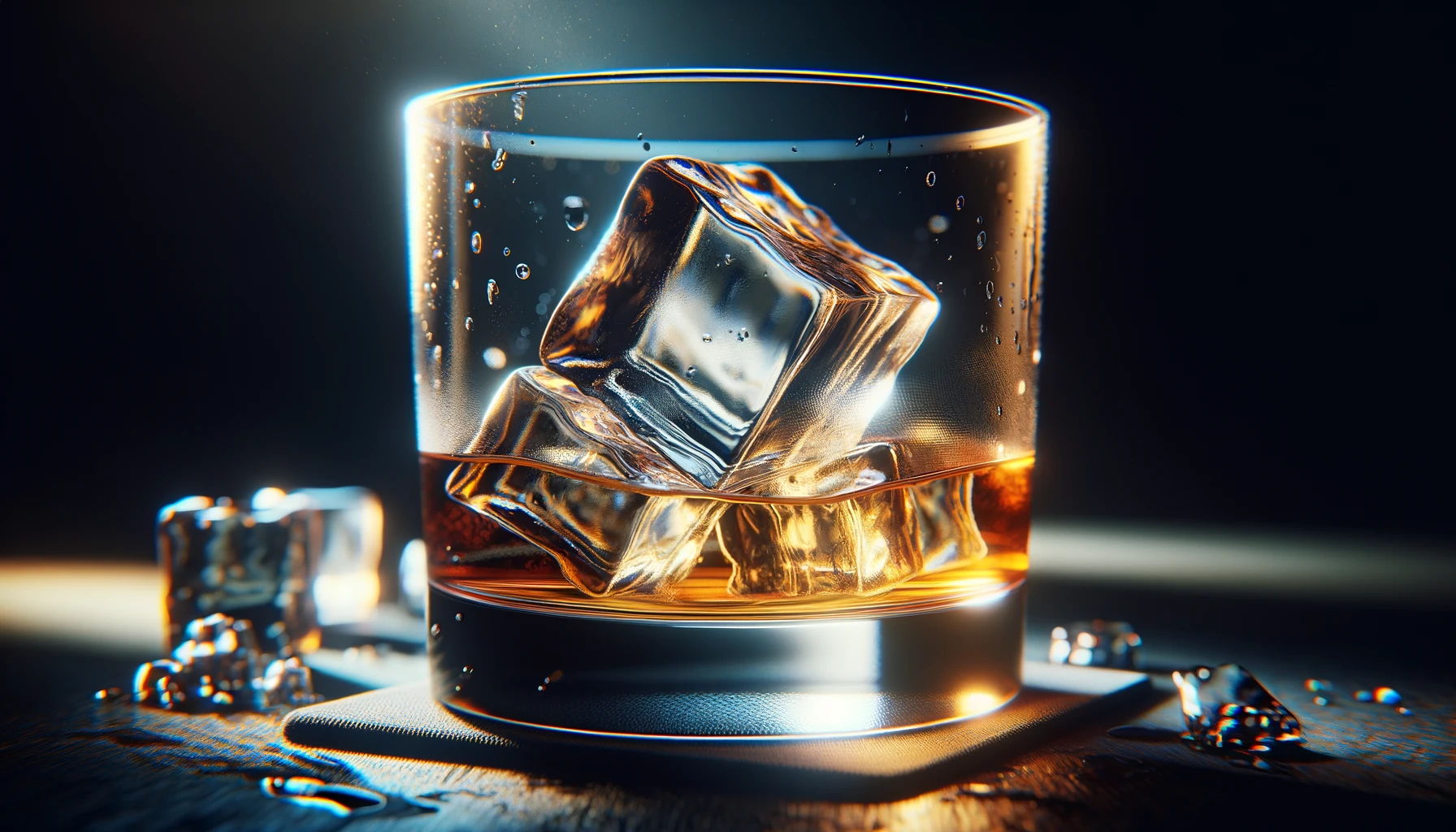 Cubes of ice in a whiskey glass against a dark background